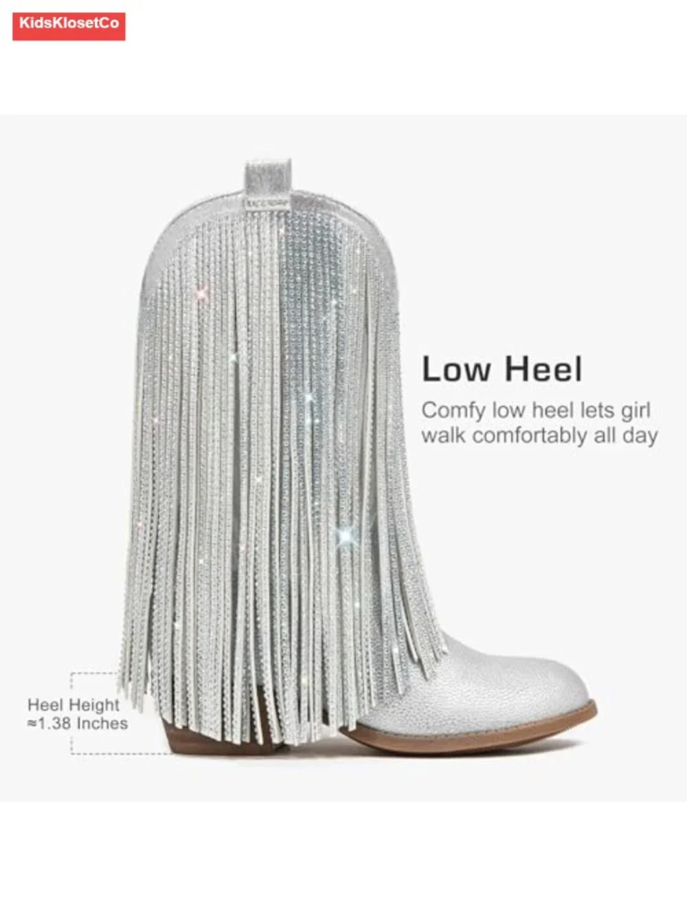 Rhinestone Fringe Cowgirl Boots for Girls Mid Calf Pointed Toe Cowboy Boots